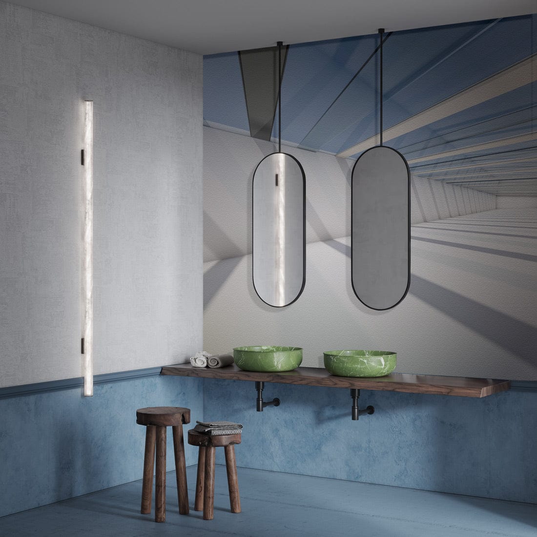 Modern blue and white wallpaper with architectural design, green sinks, and wooden stools in bathroom.
