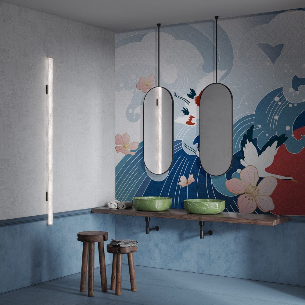 Elegant Japanese Wave Mural Wallpaper with Cranes, Cherry Blossoms, wooden stools, blue walls, and floating shelves.