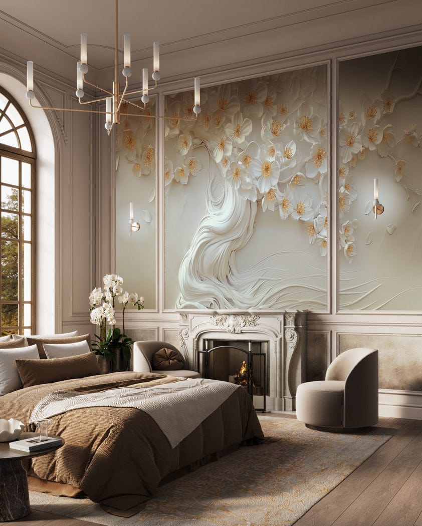 Elegant mural wallpaper in luxurious bedroom with floral design, modern chandelier, plush seating, and fireplace.