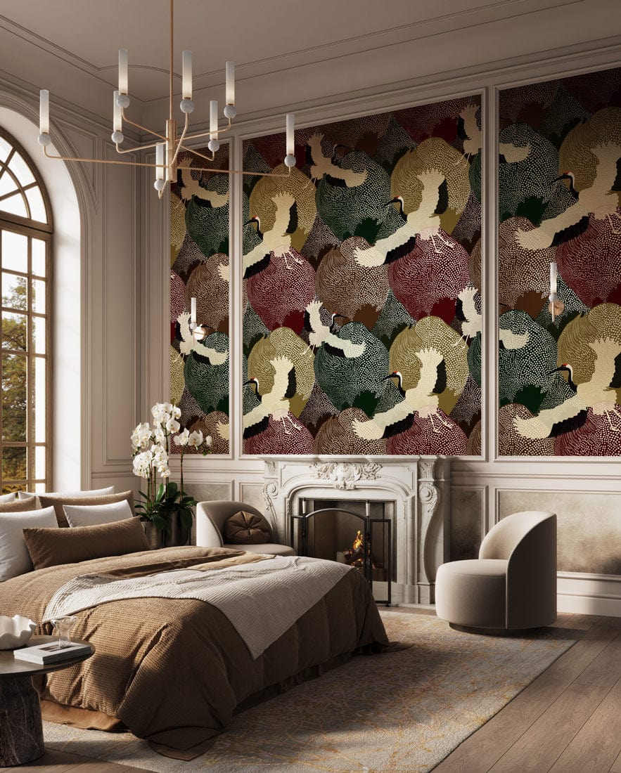 Elegant Crane Pattern Wallpaper in bedroom with classic decor, beige armchairs, and grey-brown bedding ensemble.