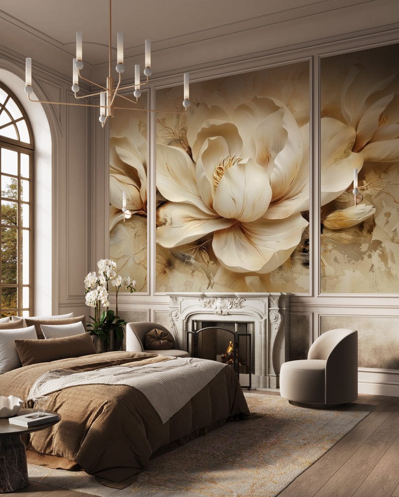 Elegant Cream Magnolia Floral Mural Wallpaper enhances bedroom with grey armchair, brown accents, and chandelier.