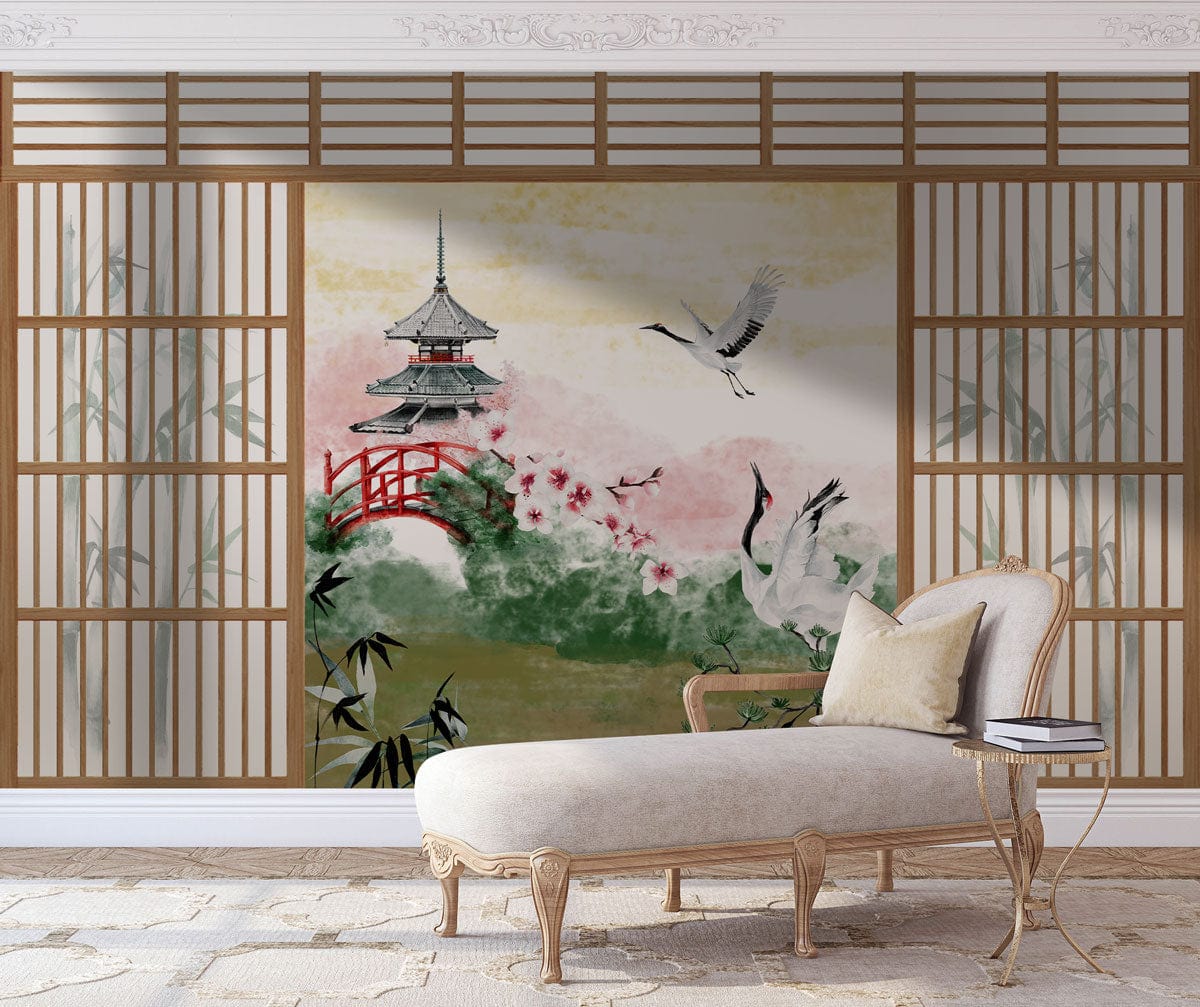 Elegant Japanese Crane Mural Wallpaper in living room with chaise longue, wood panelling, and stone flooring.