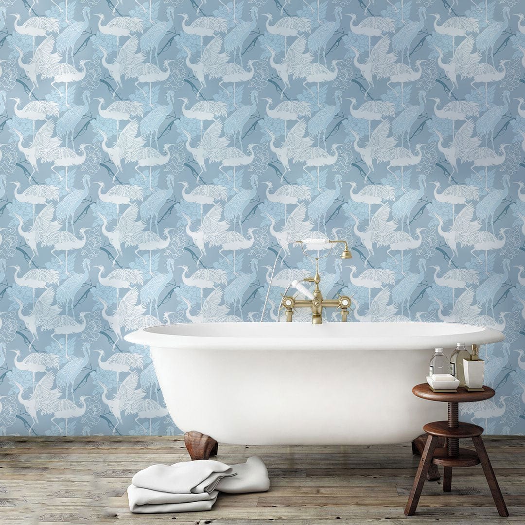 Sky Blue Origami Cranes Wallpaper, elegant bathroom design, white bathtub, wooden flooring, chic aesthetic.
