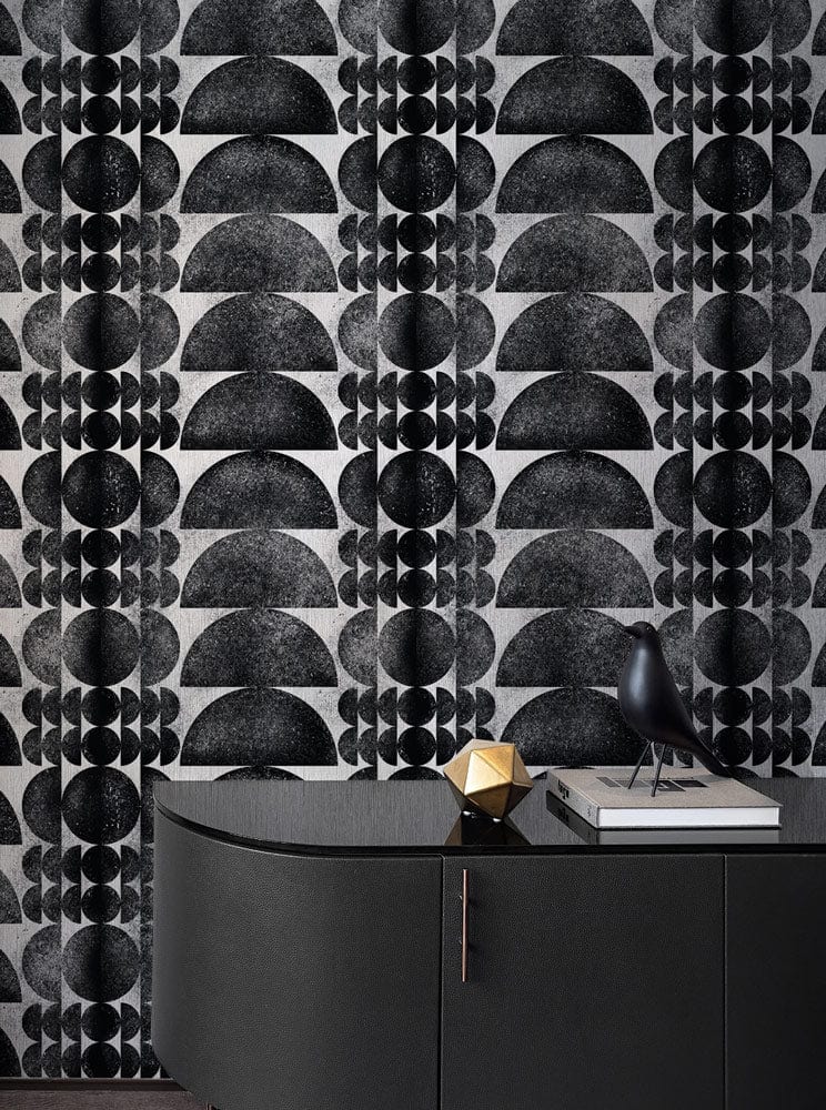 Monochrome geometric Art Deco wallpaper with black sideboard for stylish interior design and Décor.