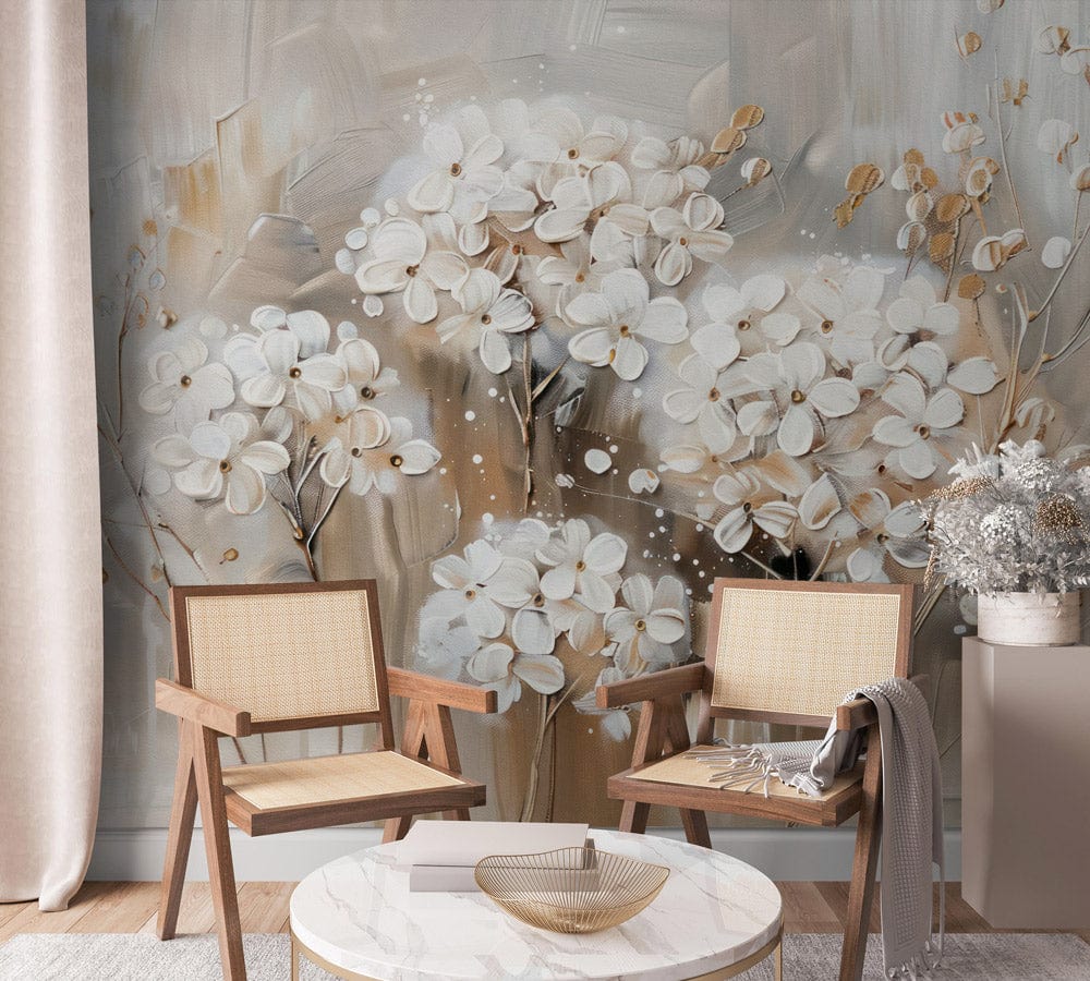 Elegant Floral Mural Wallpaper in lounge with wooden chairs, cream sofa, and taupe artistic design.