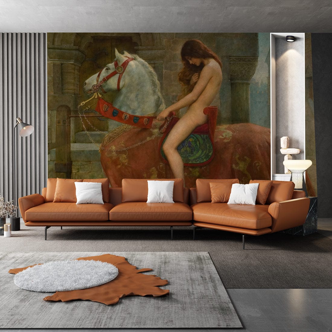 Medieval Lady Godiva mural wallpaper in earthy tones, brown leather sofa, white and orange cushions, rug.