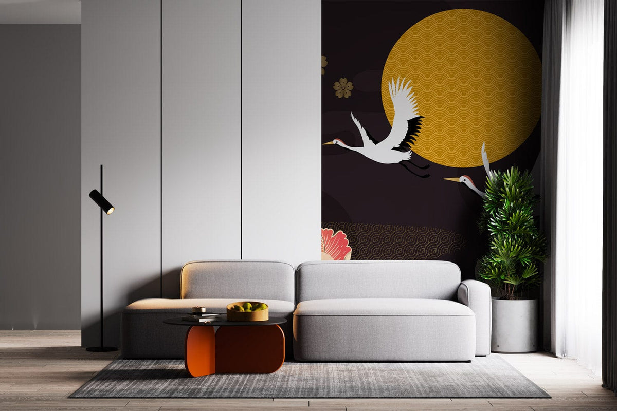 Modern lounge with Japanese crane and floral mural in black and gold; grey sofa, wooden flooring.