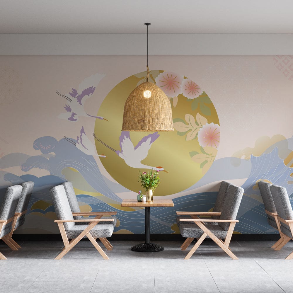 Elegant Oriental Birds Wallpaper in pastel and gold, dining room, grey chairs, pendant lamp, tiled flooring.