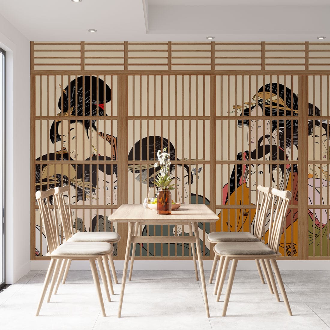 Traditional Japanese Geisha mural wallpaper with wooden dining set, light grey floor tiles in dining room.