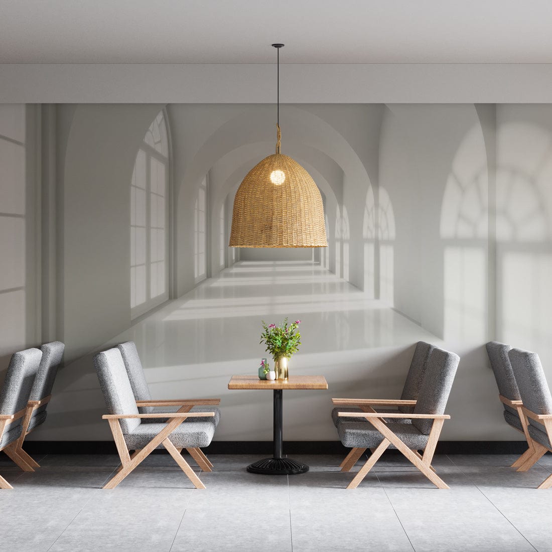 Elegant white arched hallway mural wallpaper with grey chairs, wooden flooring in a modern living room.