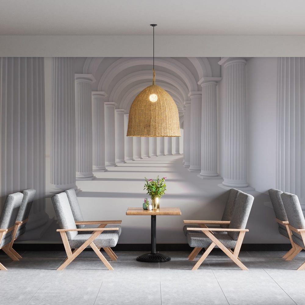 Classic White Archway Columns Wallpaper Mural in modern living room with grey chairs and tiled flooring.