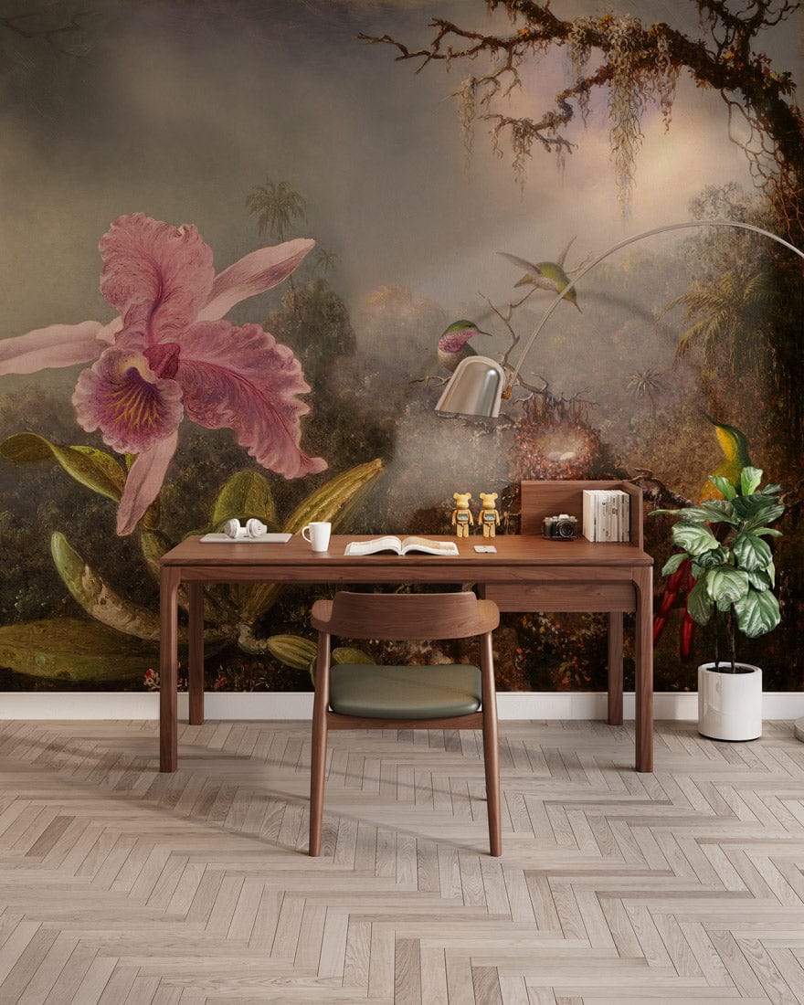 Exotic mural with hummingbirds, orchids design; wooden desk; herringbone flooring; home office setting.