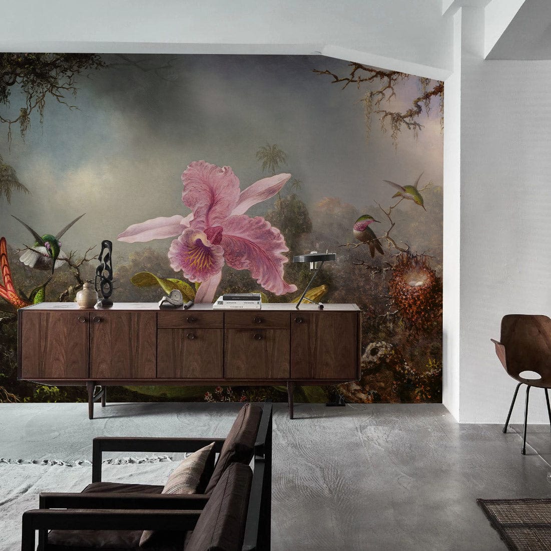 Exotic Rainforest Fantasy Wallpaper with Hummingbirds, orchids, brown sideboard, grey sofa, modern living room.