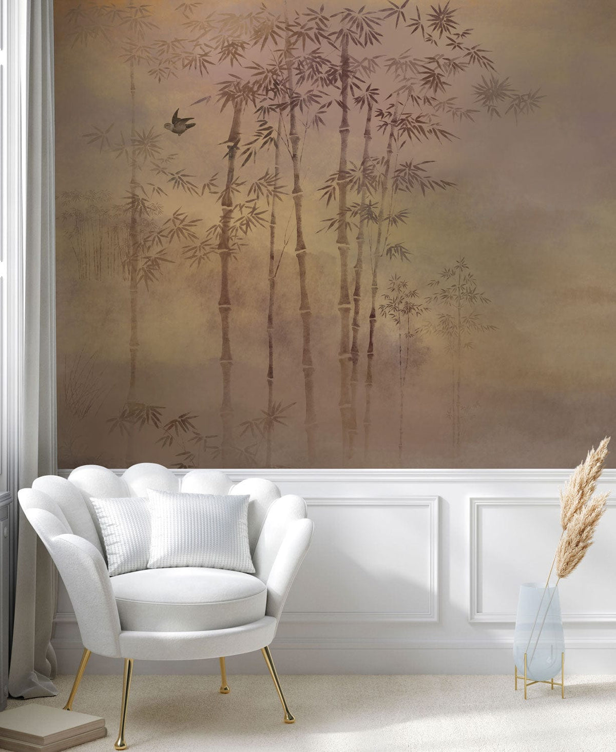 Elegant Bamboo and Birds mural wallpaper in neutral tones, featuring white armchair with gold legs.
