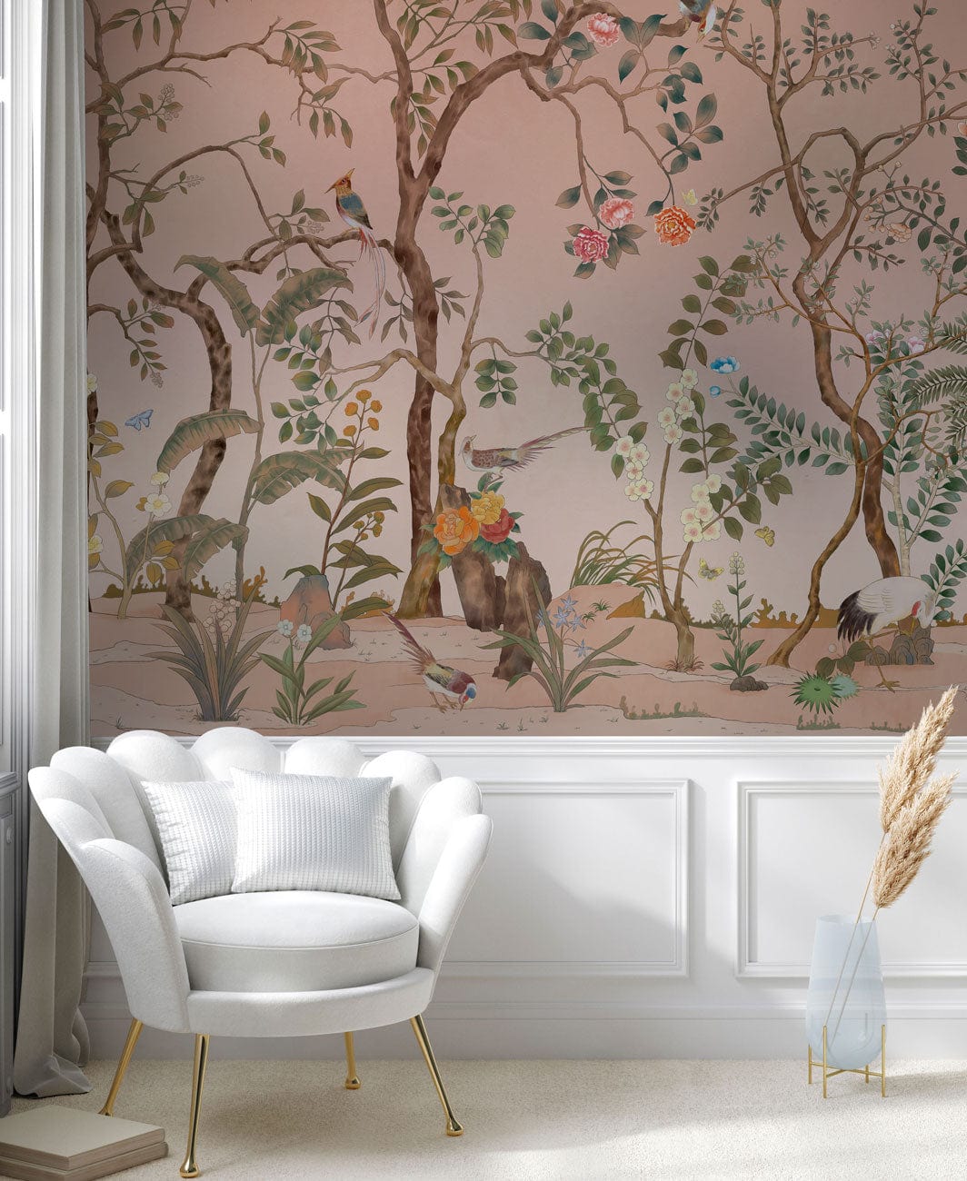 Vintage Botanical Garden Mural Wallpaper with Birds and Flowers Design