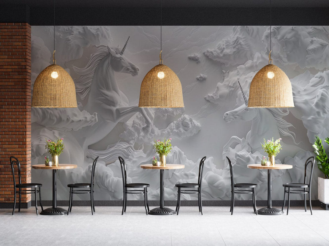 Elegant unicorn mural wallpaper in a café with wicker lamps, black chairs, and grey tiled flooring.