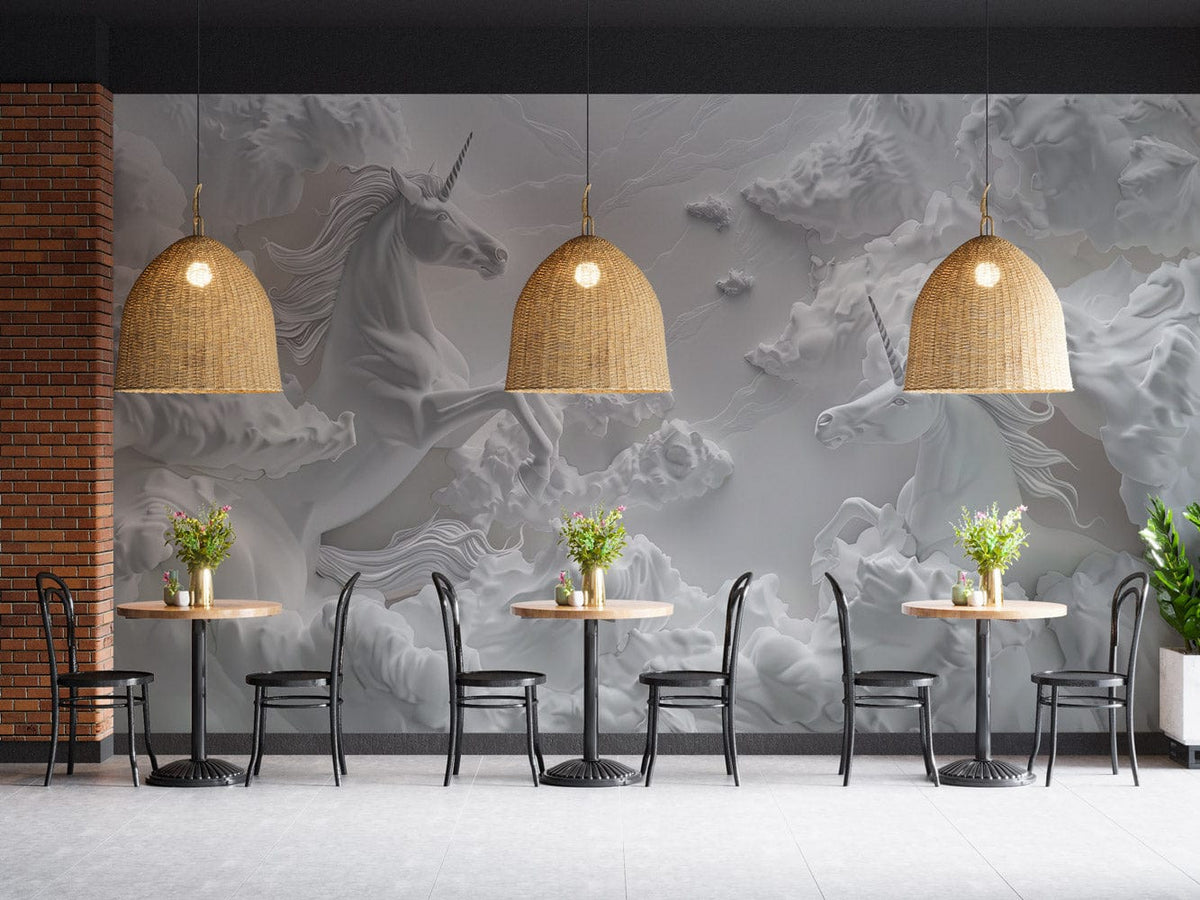 Elegant unicorn mural wallpaper in a café with wicker lamps, black chairs, and grey tiled flooring.