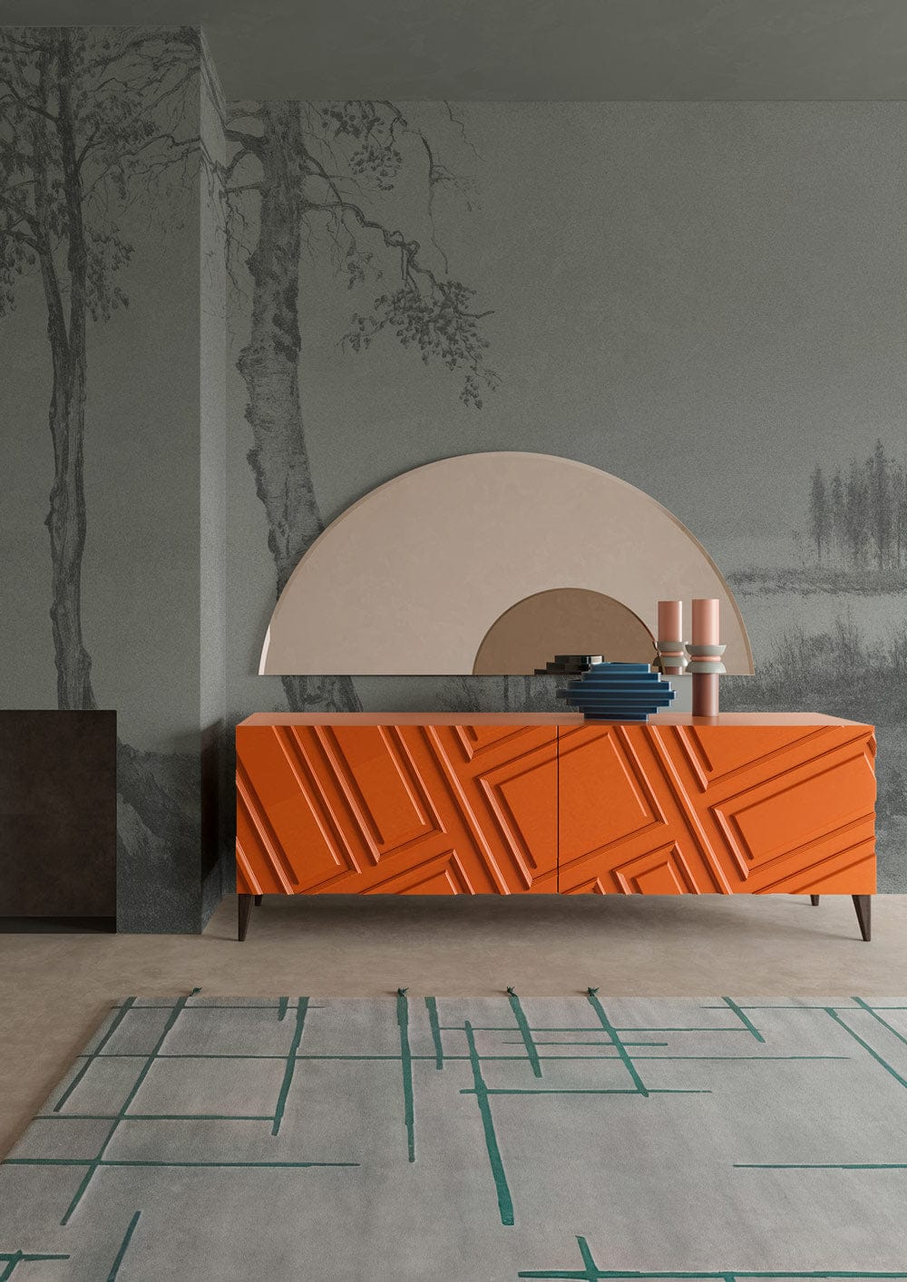 Grey Tones Serene Landscape Mural Wallpaper, orange sideboard, modern rug, minimalist living room design.