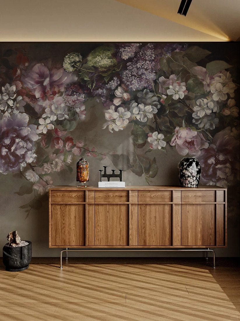 Vintage Floral Mural Wallpaper, lilac-ivory blooms, wooden cabinet, stylish decor, elegant wall design.