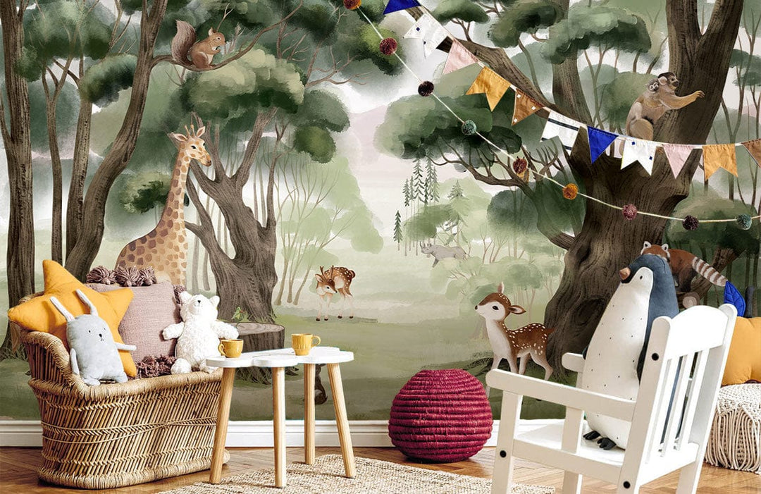 Whimsical Forest Animals Mural Wallpaper in playroom with wicker sofa, wooden flooring, colourful bunting.