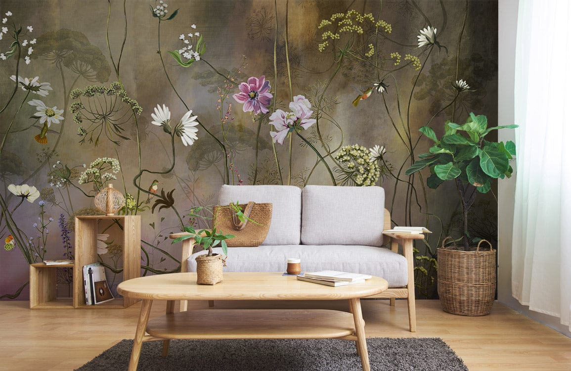 Elegant wildflower garden mural with neutral sofa, light wood flooring, in cosy living room setting.