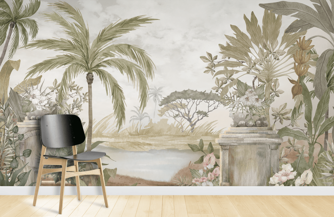 Tropical Watercolour Mural Wallpaper in soft greens, earthy tones, wooden chair, light wood flooring.