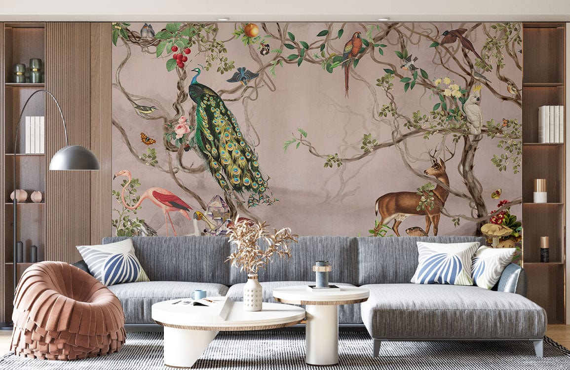 Exotic Wildlife Safari Mural Wallpaper in living room, grey sofa, round tables, contemporary earthy decor.