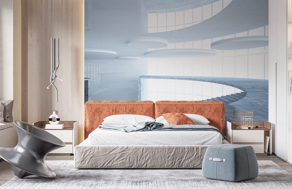 Futuristic grey architectural mural wallpaper, modern bedroom with orange velvet bed, grey flooring, minimal decor.