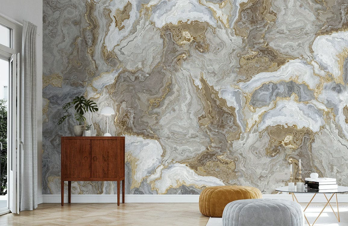 Marble Elegance wallpaper enhances living room with grey sofa, wooden cabinet, pouffe, and light flooring.