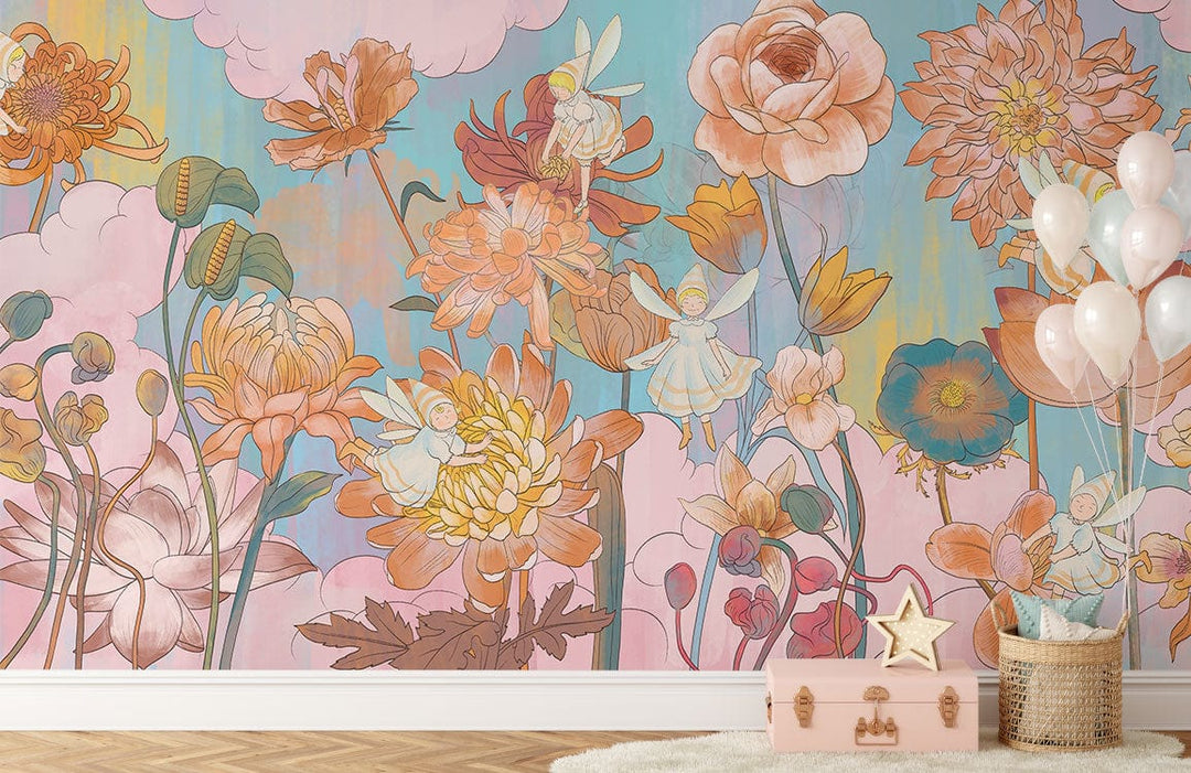 Vibrant Pastel Floral Dreams Mural Wallpaper in blush and aqua tones, floral design, living room decor.