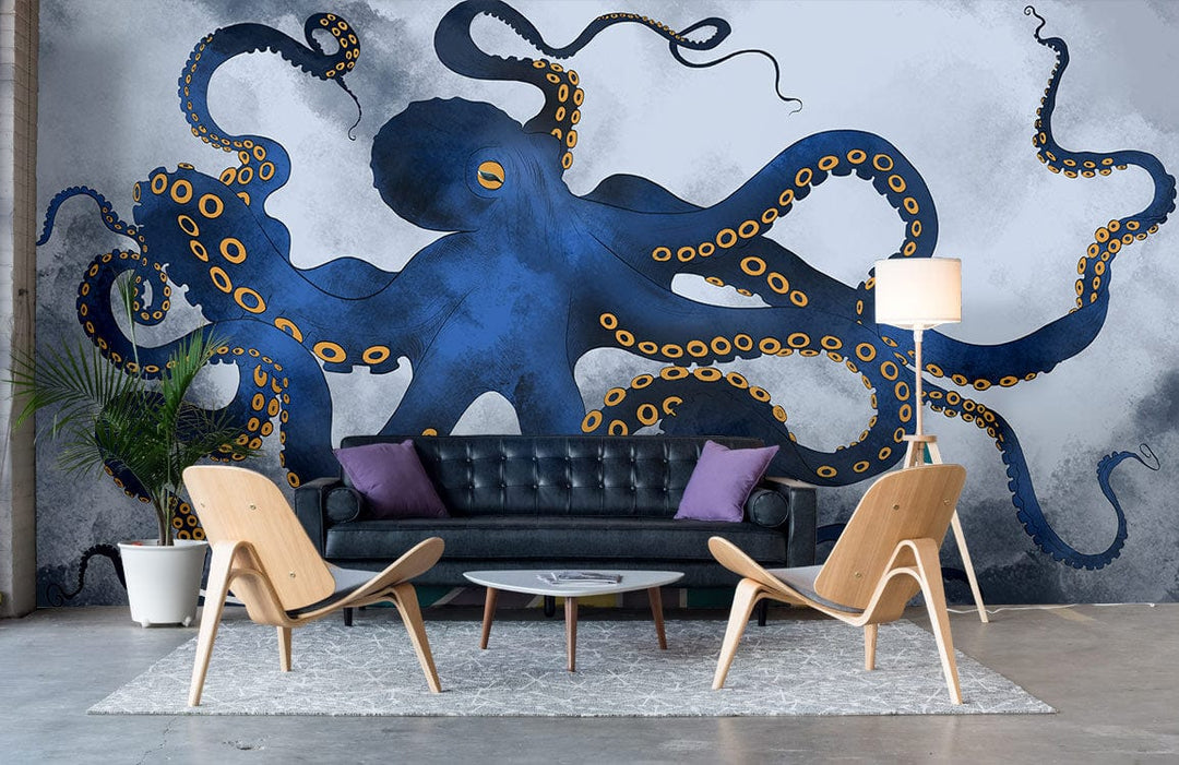 Deep Blue Ocean Octopus Mural in modern living room with black sofa, wooden chairs, grey flooring.