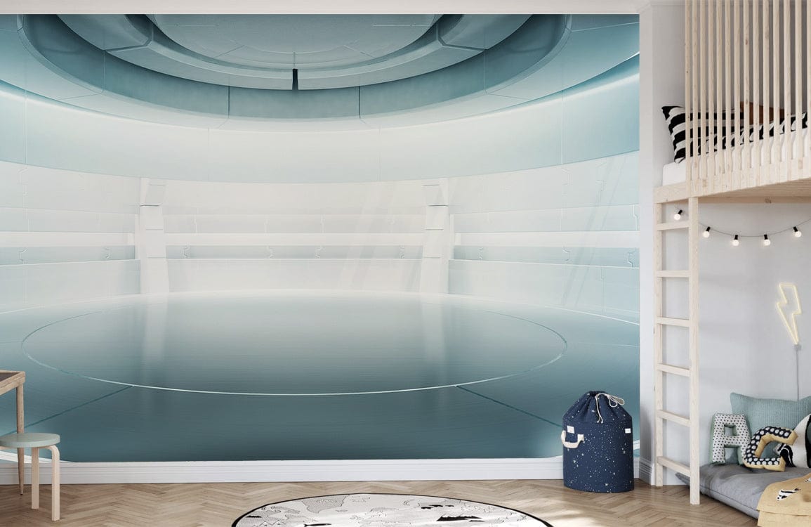 Futuristic Metallic Silver Sci-Fi Mural Wallpaper in modern bedroom, wooden flooring, bunk bed setup.