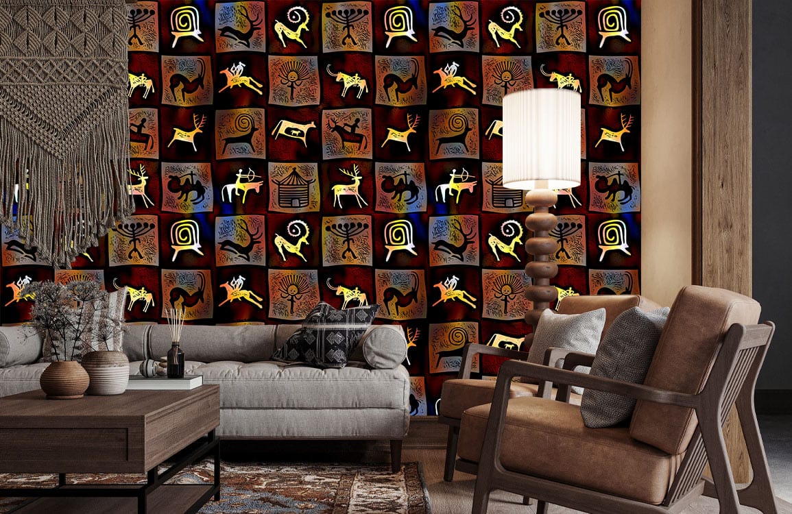 Rustic Tribal Motif mural wallpaper in living room with wooden armchair, grey sofa, floor lamp, rug.