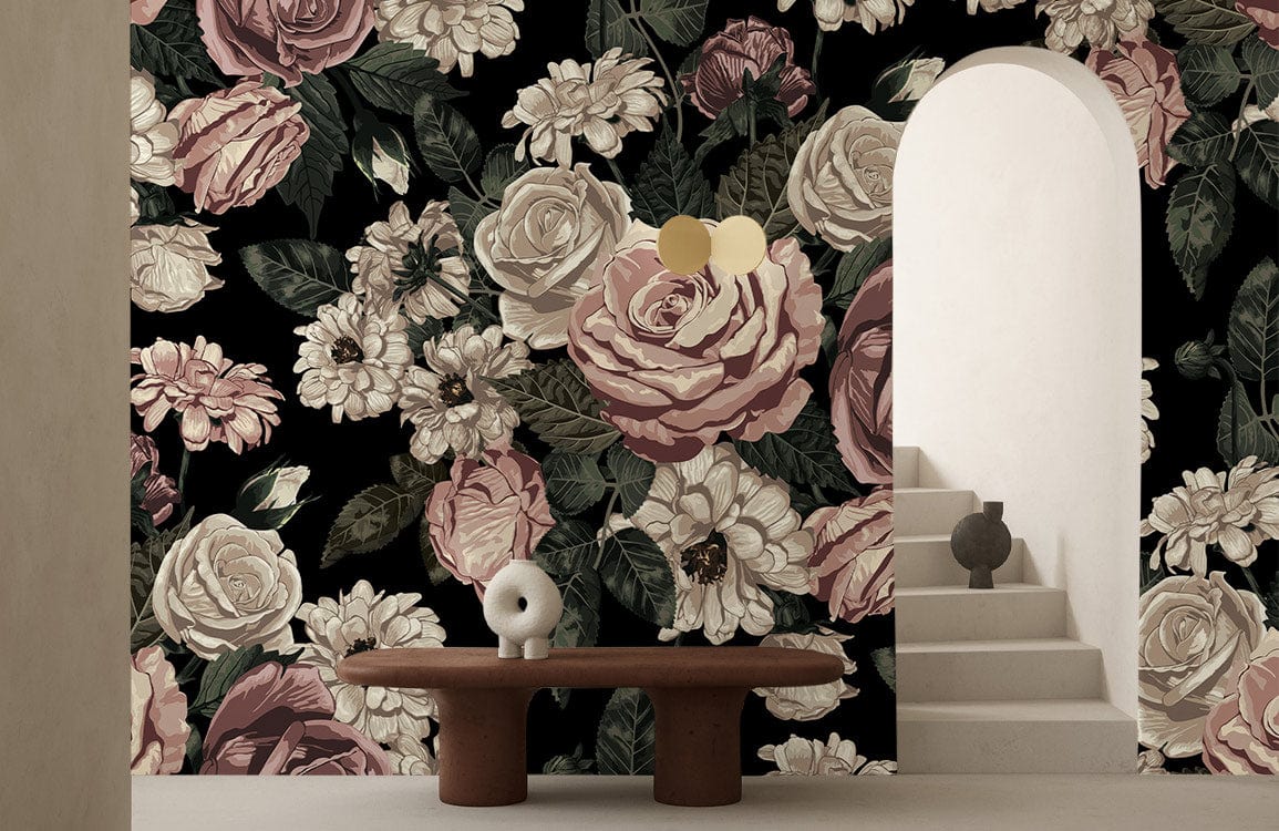 Elegant room with Vintage Floral Elegance mural, featuring black rose-peony pattern, modern staircase, archway.