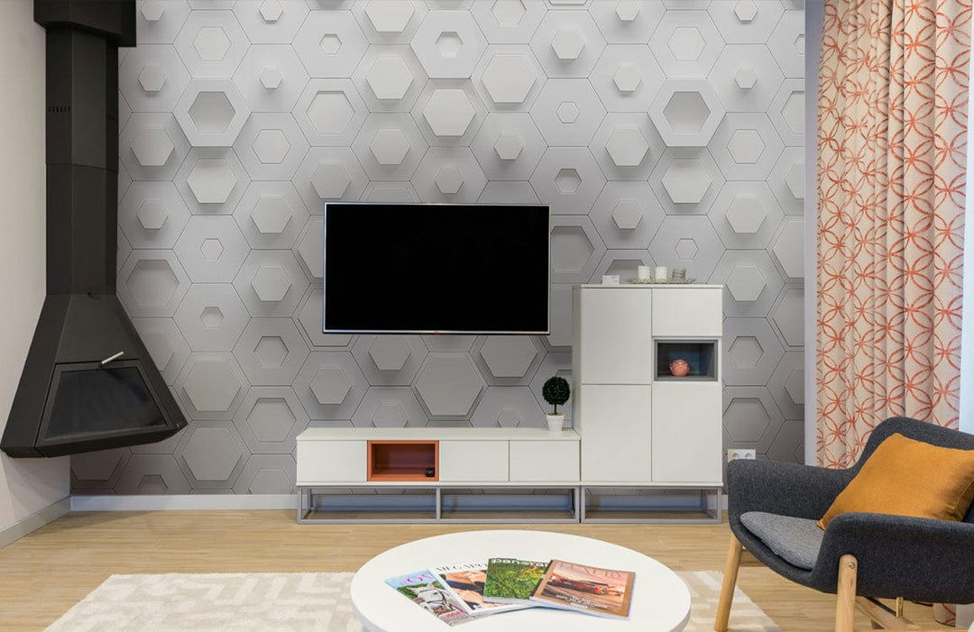 Modern living room with white hexagonal 3D wallpaper, black fireplace, and minimalist furniture.