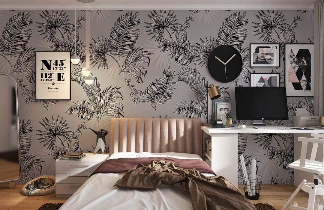 Elegant monochrome tropical leaves wallpaper, grey botanical design, bedroom with stylish decor, wooden flooring.