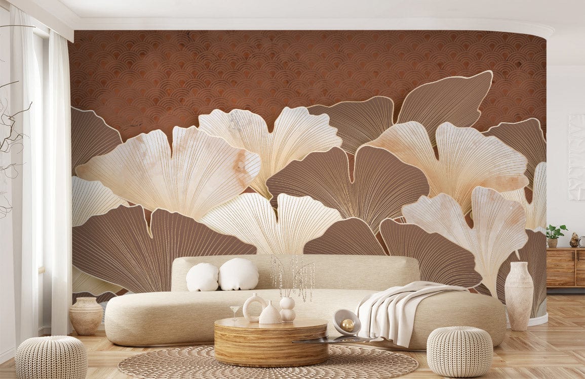 Elegant beige and brown ginkgo wallpaper, neutral sofa, wooden flooring, modern living room decor.