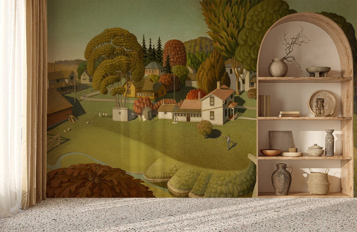 Vintage Countryside Charm Mural Wallpaper, autumn landscape, neutral shelf, carpet flooring, living room setting.