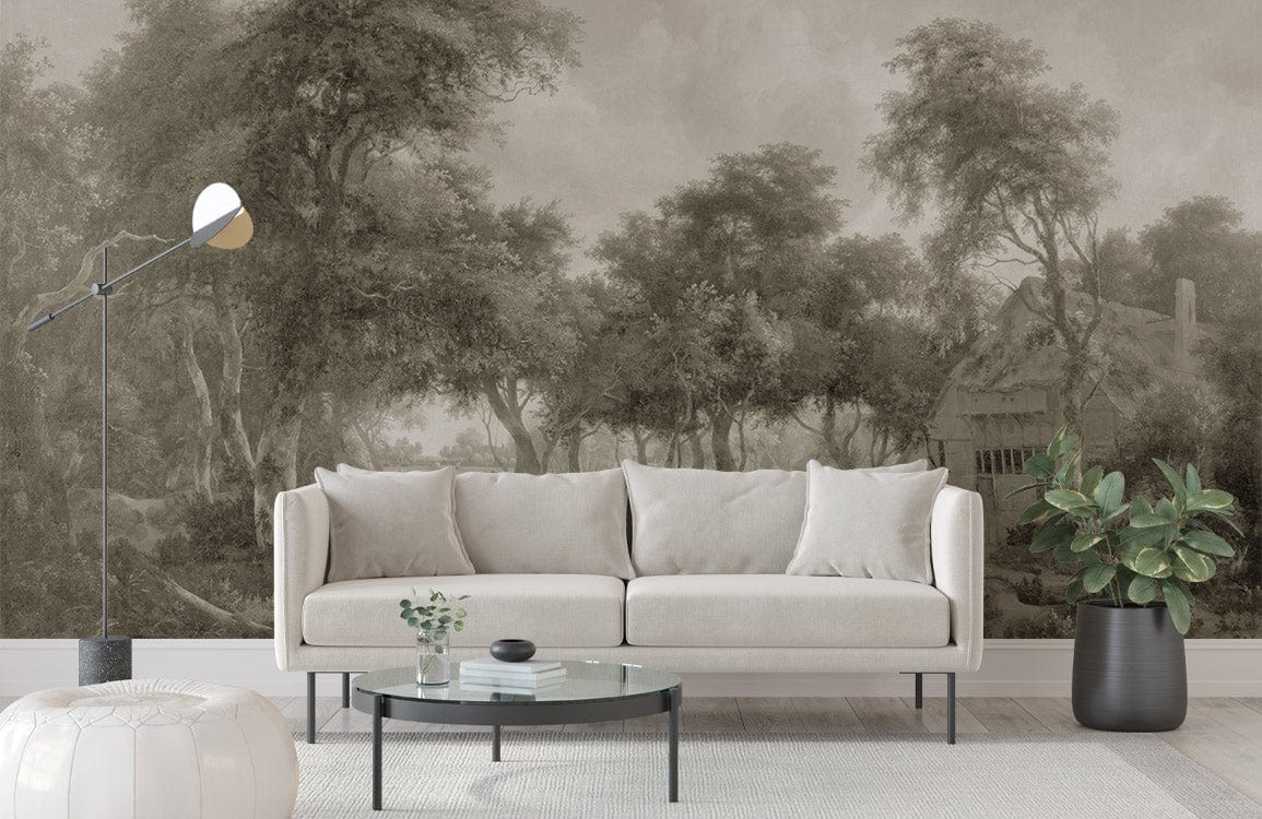 Rustic sepia woodland wallpaper with cream sofa, glass coffee table, floor lamp in modern living room.