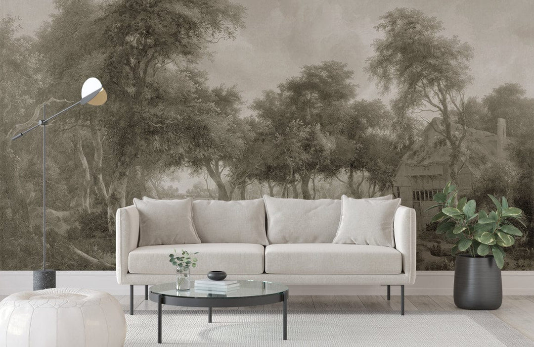 Rustic sepia woodland wallpaper with cream sofa, glass coffee table, floor lamp in modern living room.