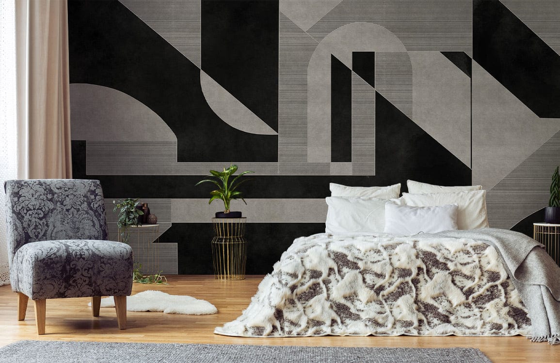 Monochrome Art Deco wallpaper, patterned chair, cosy bed with fur blanket, wooden flooring, elegant bedroom setting.