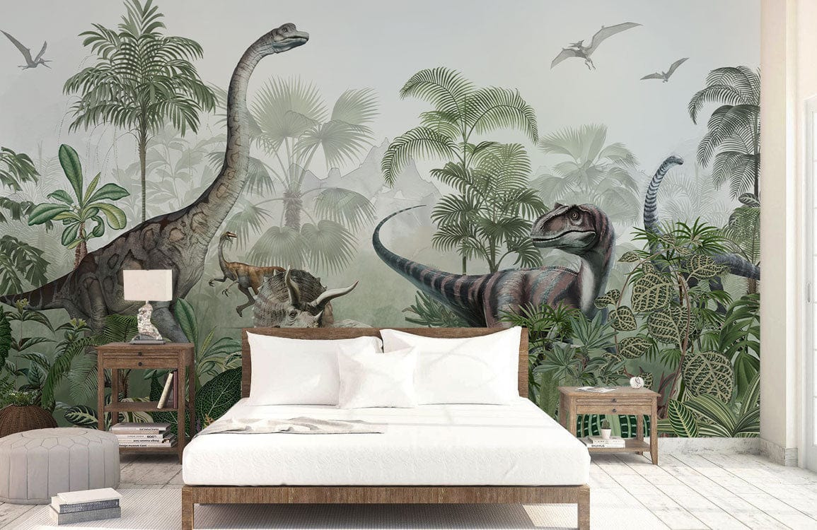 Dinosaur-themed mural wallpaper for kids' room with white bed, wooden side tables, and green decor.