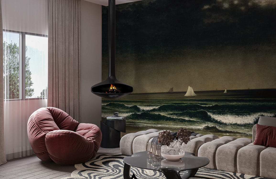 Dark Moody Coastal Seascape Mural Wallpaper, dramatic sky, sailing boats, modern lounge, plush seating.
