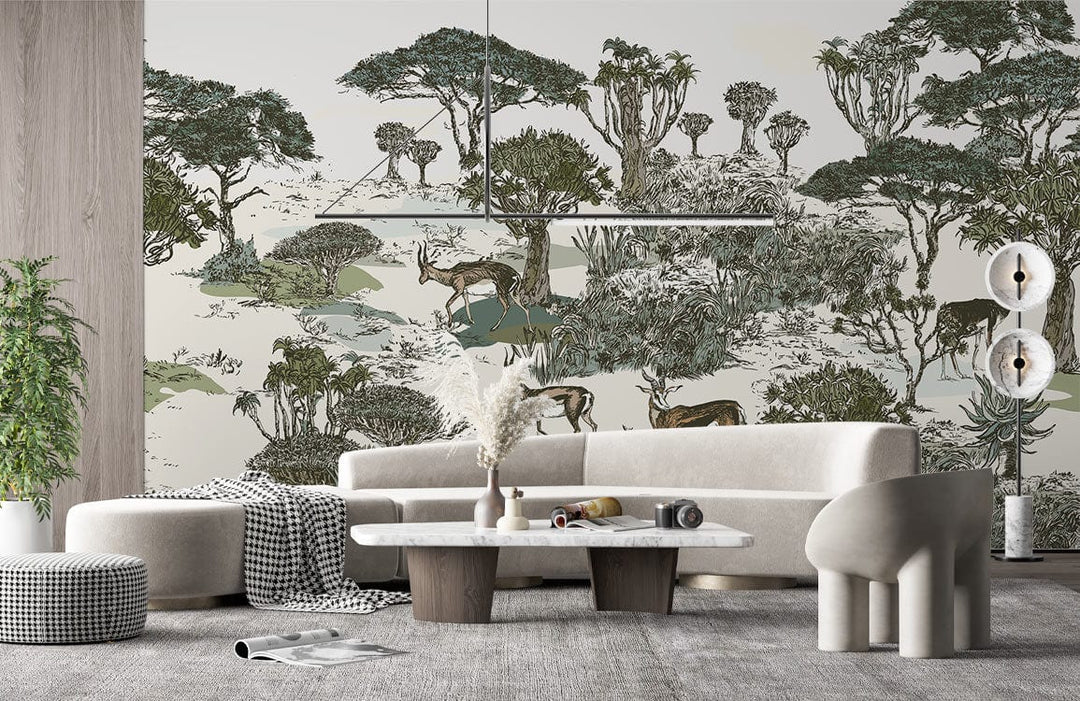 Modern living room featuring Serene Safari Wildlife Landscape mural wallpaper, earthy green tones, beige sofa, grey carpet.