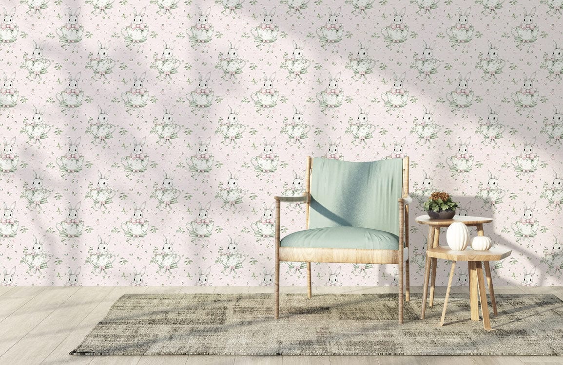 Elegant vintage floral cream wallpaper adorns room with subtle pattern, blue chair, wooden flooring.