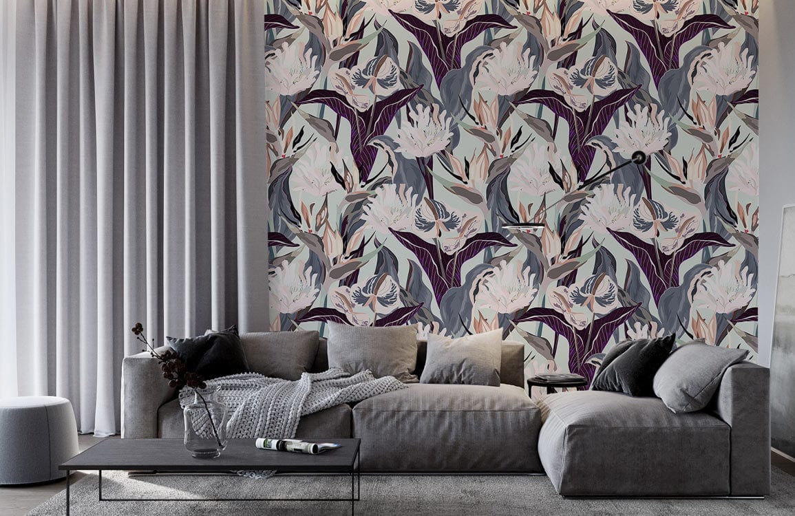 Floral Elegance mural in soft lilac and sage, grey modern sofa, grey curtains, minimalist living room.
