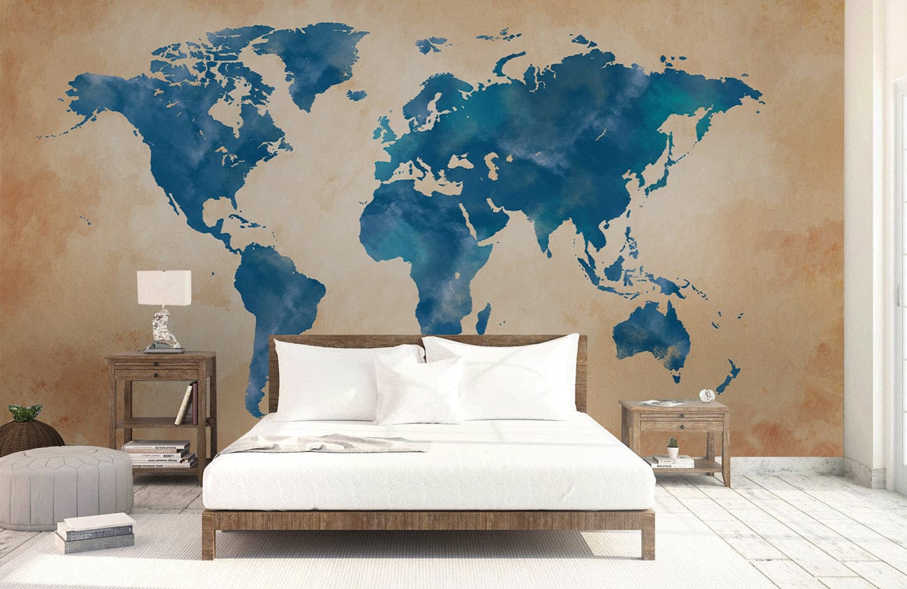 Vintage blue watercolour world map wallpaper, earth tones, rustic bedroom, wooden furniture, white flooring.
