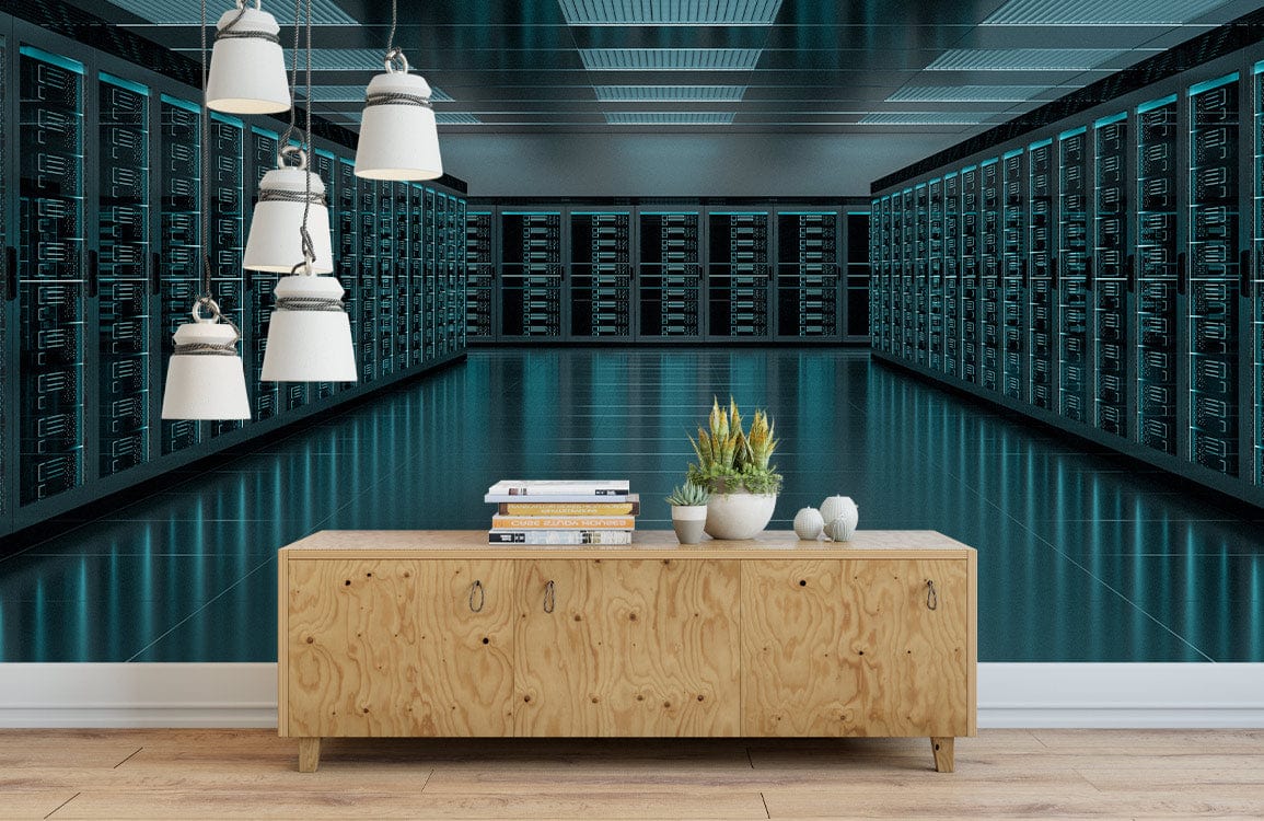 Futuristic mural wallpaper, blue and black design, pendant lights, wooden sideboard, light wood flooring.