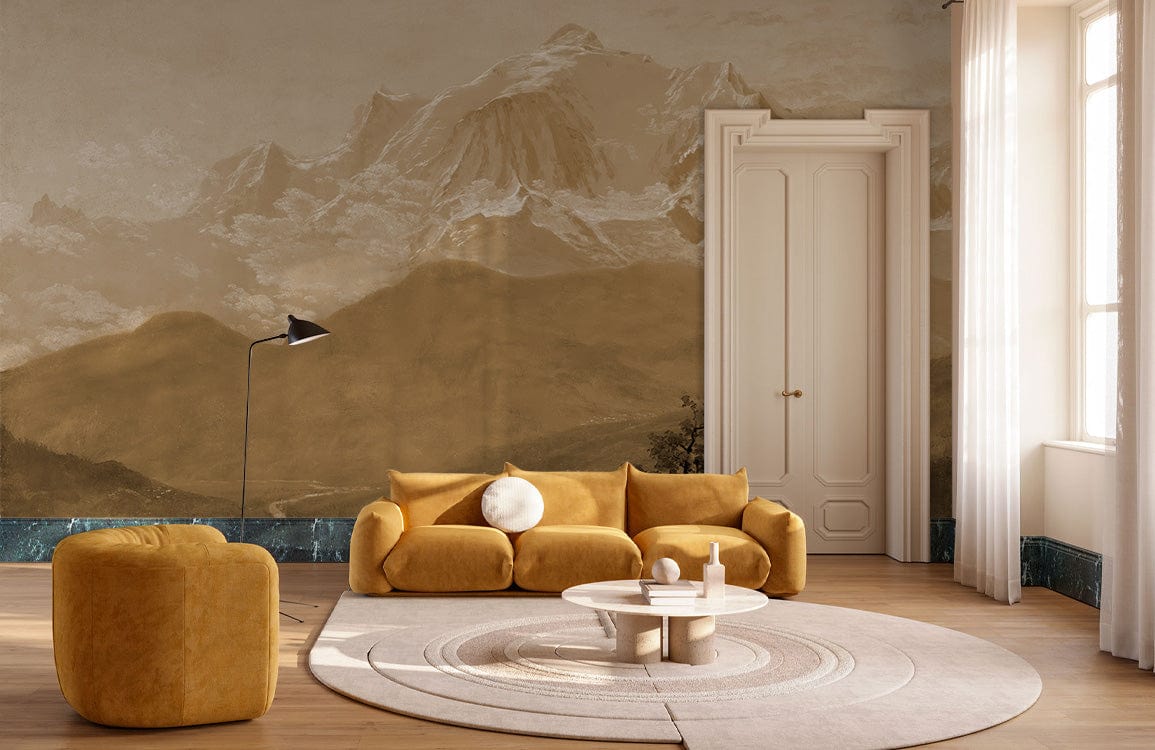 Sepia Mountain Landscape Mural Wallpaper, golden sofa, light wood flooring in elegant living room setting.