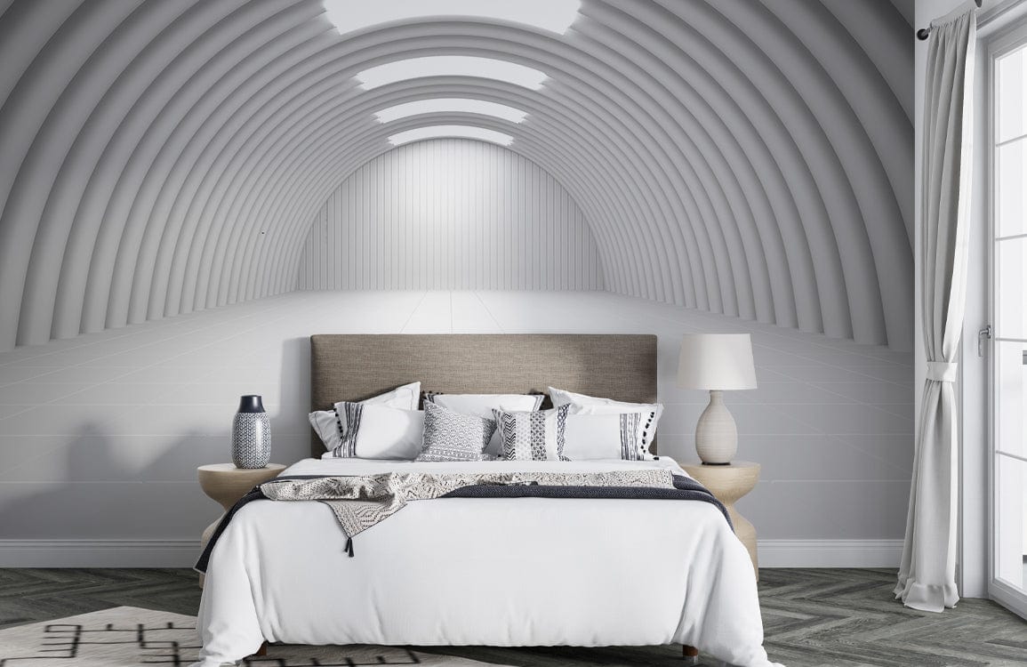 Modern minimalist 3D white geometric mural wallpaper in bedroom with grey chevron rug and neutral decor.